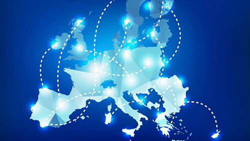 Grafik: Karte der Europäischen Union; in jedem Land sind leuchtende Punkte, über die die Mitgliedstaaten durch Linien verbunden werden (Bildquelle: bymandesigns/Shutterstock.com)