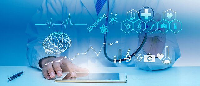 Close up of Doctor is showing medical analytics data, Medical technology concept