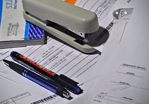 Foto: Ein Tacker und Kugelschreiber liegen auf Rechnungen. 