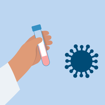 Coronavirus Schaubild mit einer Hand, die ein Reagenzglas hält