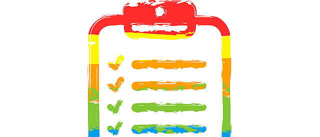 Tablet and paper, checklist with check marks. Linear, thin outline. Drawing sign with LGBT style, seven colors of rainbow (red, orange, yellow, green, blue, indigo, violet