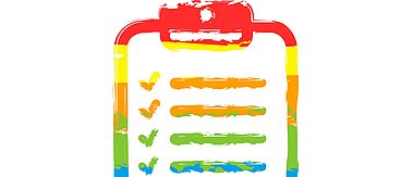 Tablet and paper, checklist with check marks. Linear, thin outline. Drawing sign with LGBT style, seven colors of rainbow (red, orange, yellow, green, blue, indigo, violet